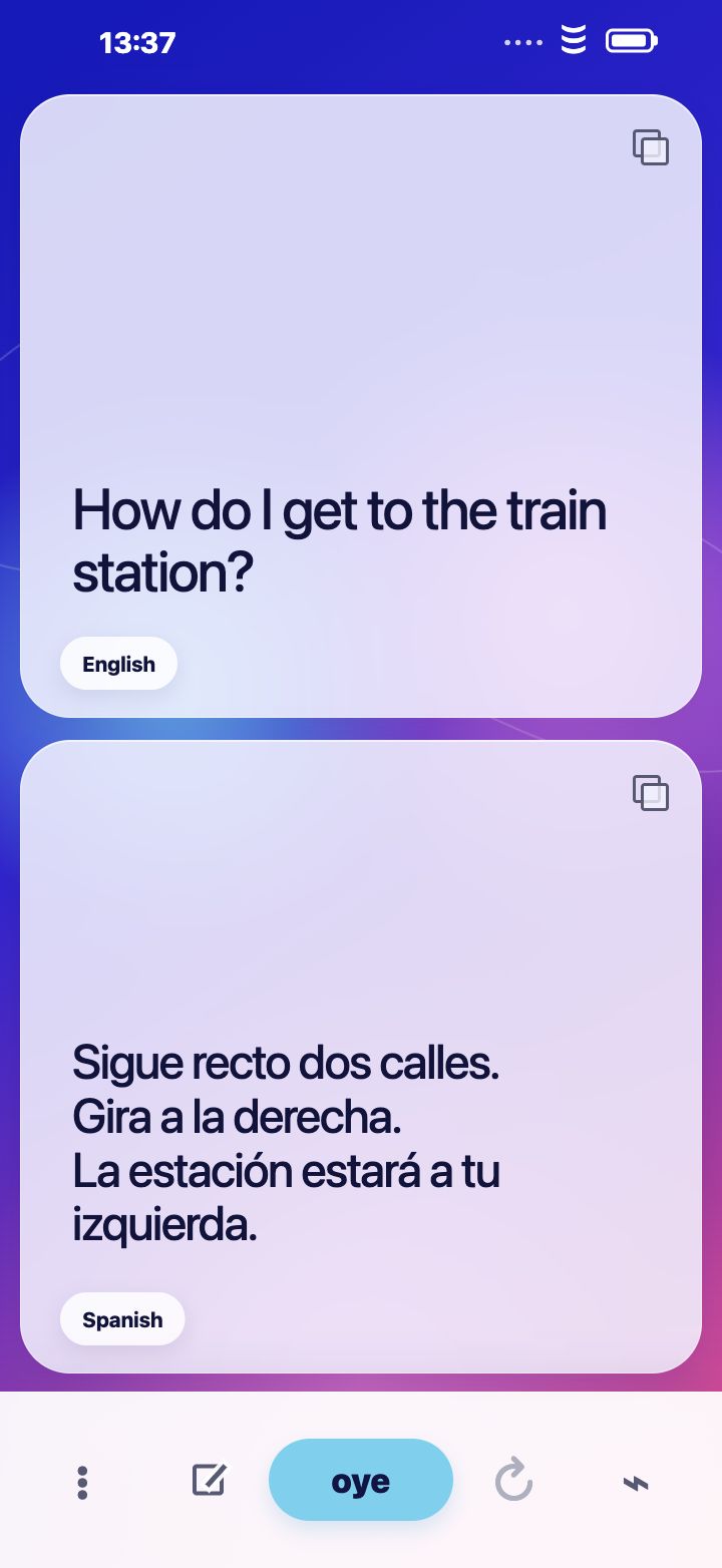 oye.convo two-person translation on iPhone